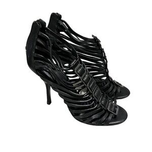 Tory Burch Cuba Caged Black Leather Heels Size 9.5 4” Stiletto Heels